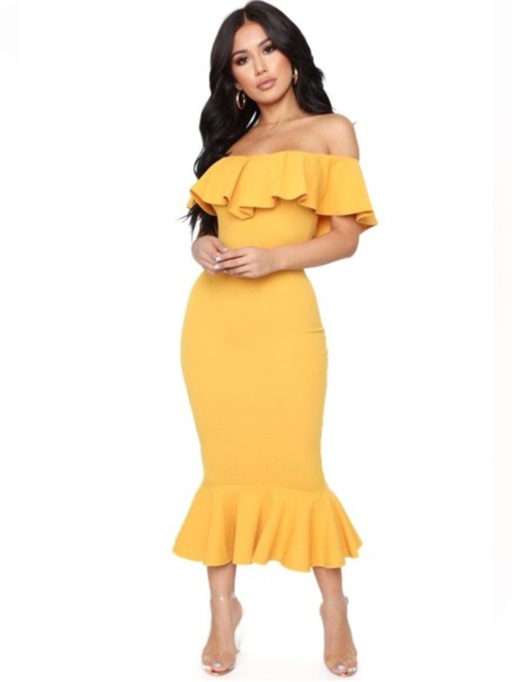 Fashion nova off shoulder ruffle yellow pencil dress XS